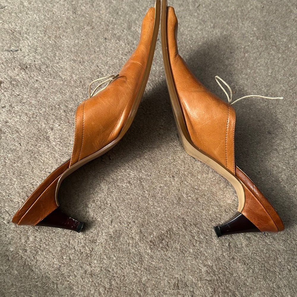 Henry Ferrera Tan Leather Slip-On Lace-Up Mules - Picture 3 of 6